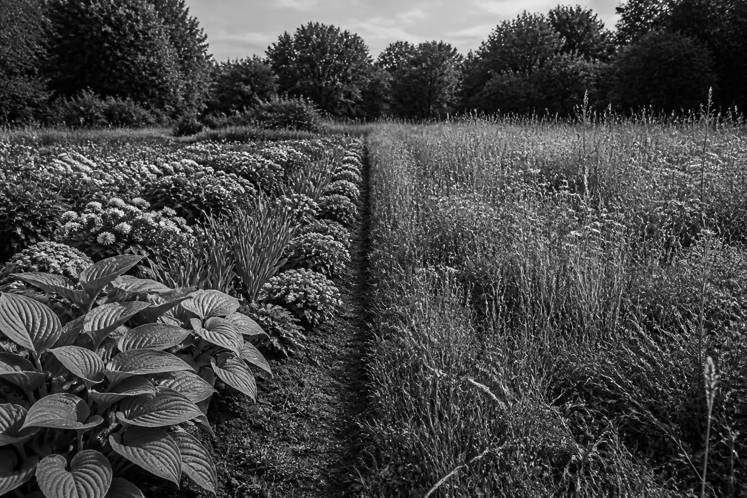 Black-and-white tended garden rows beside an overgrown meadow