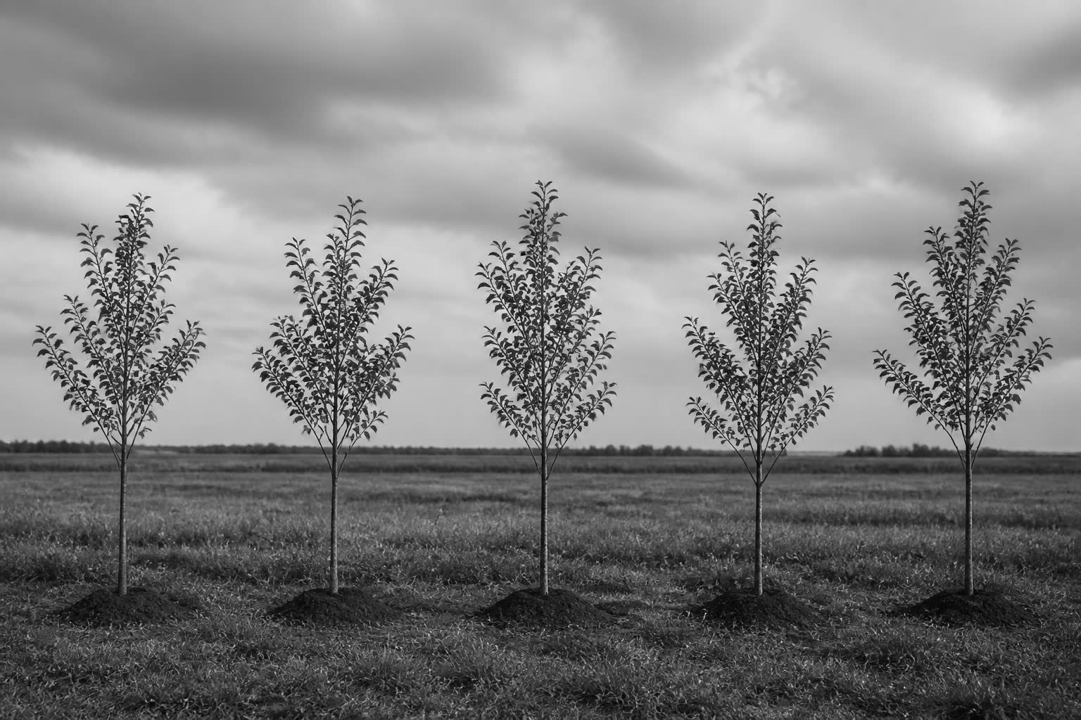 Black-and-white five saplings planted in a row in an open field