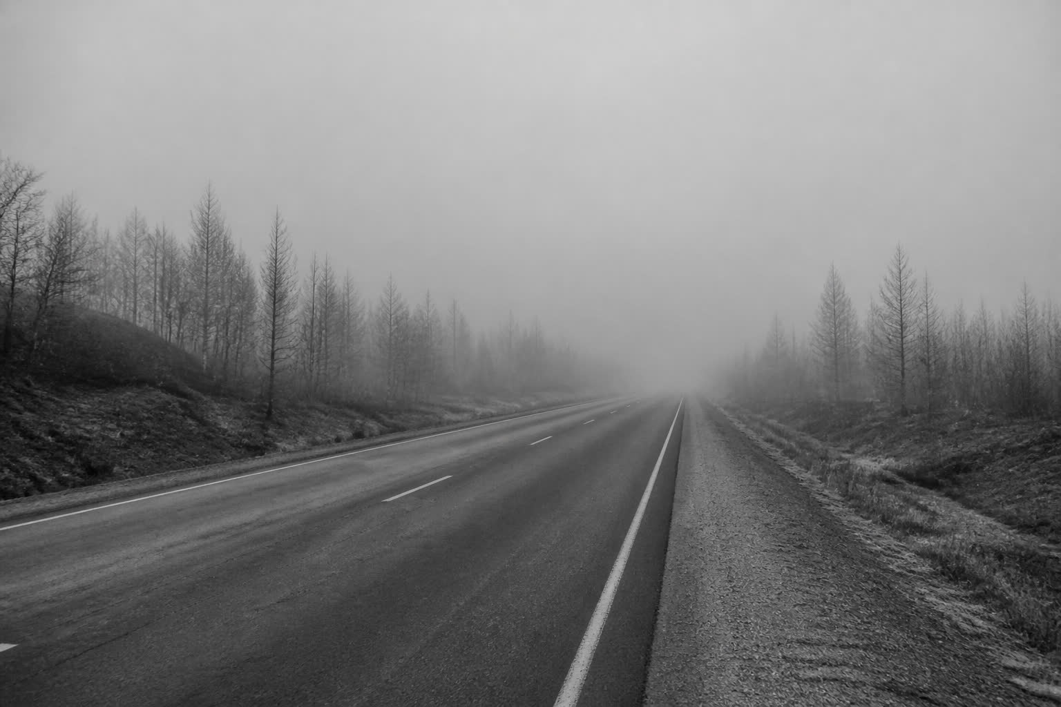 Black-and-white empty road disappearing into fog