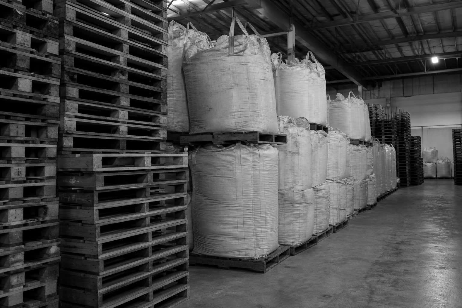Black-and-white warehouse aisle of pallets and bulk bags