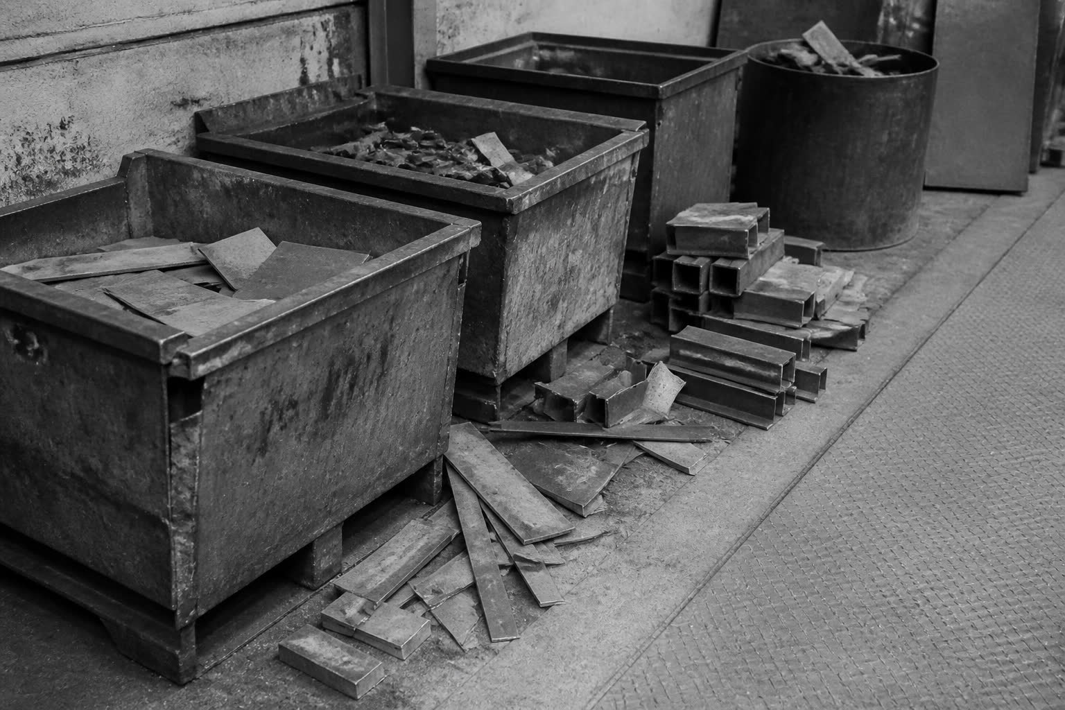 Black-and-white metal scrap bins and offcuts on a factory floor