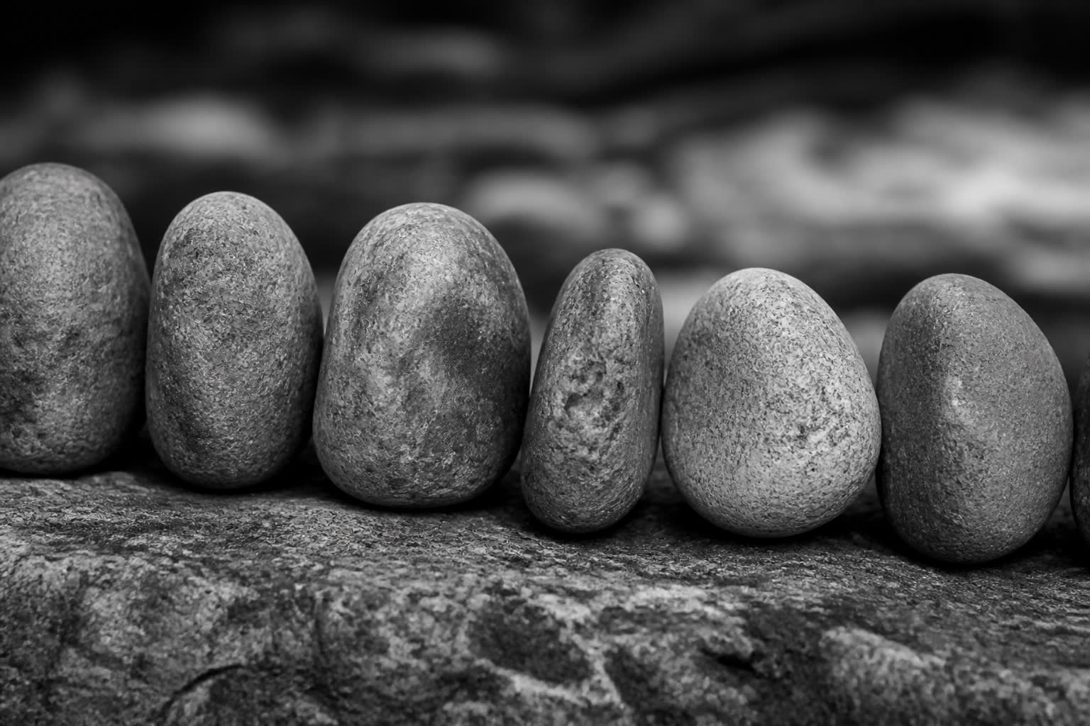 Black-and-white row of smooth river stones on a rock