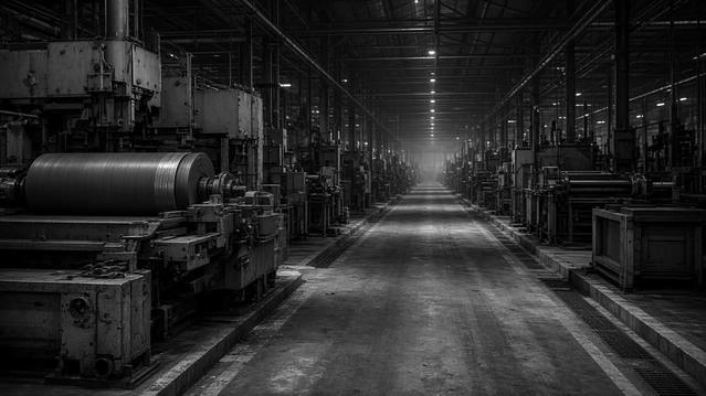 Black-and-white factory aisle between heavy machines, no people