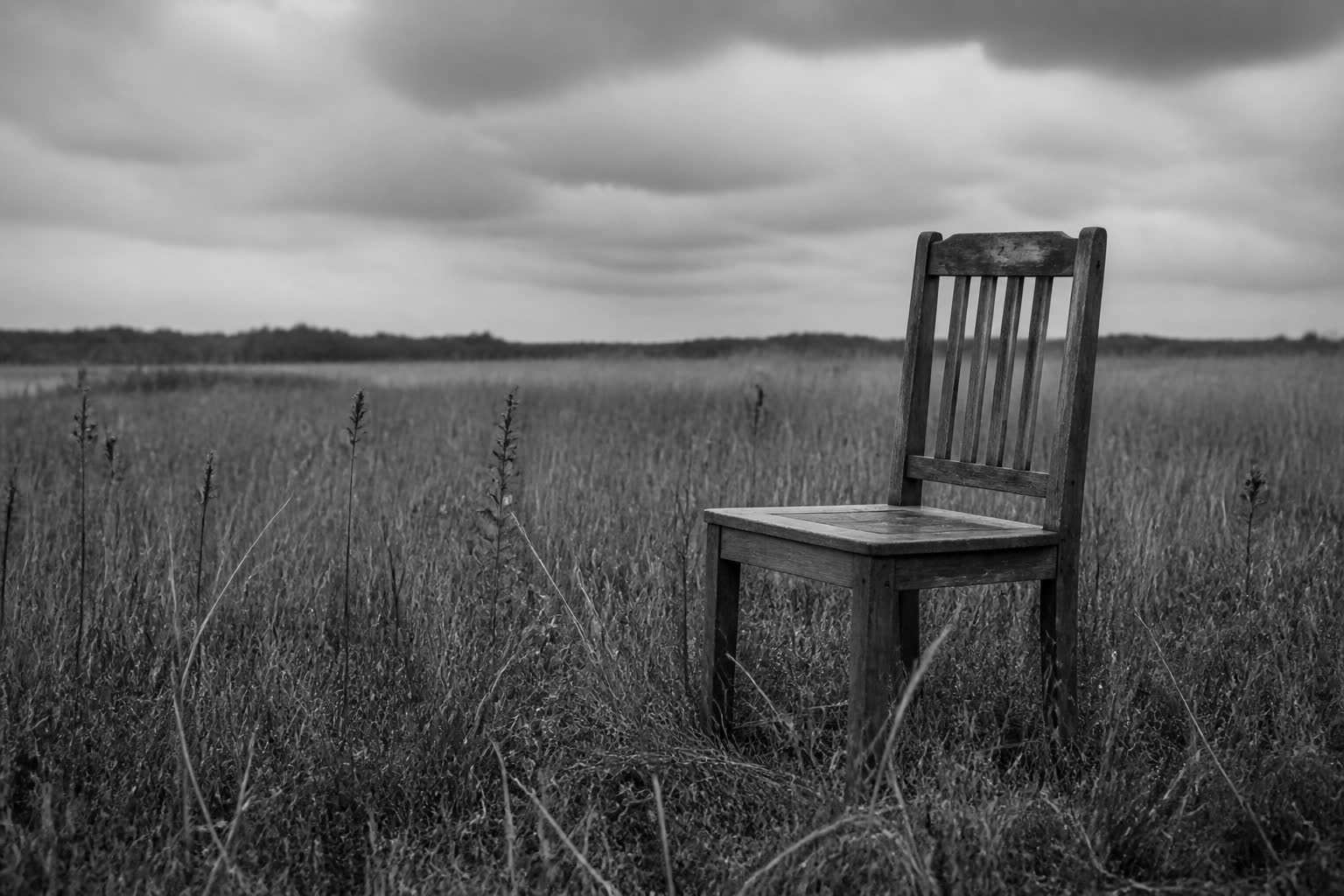 Black-and-white empty wooden chair in tall grass