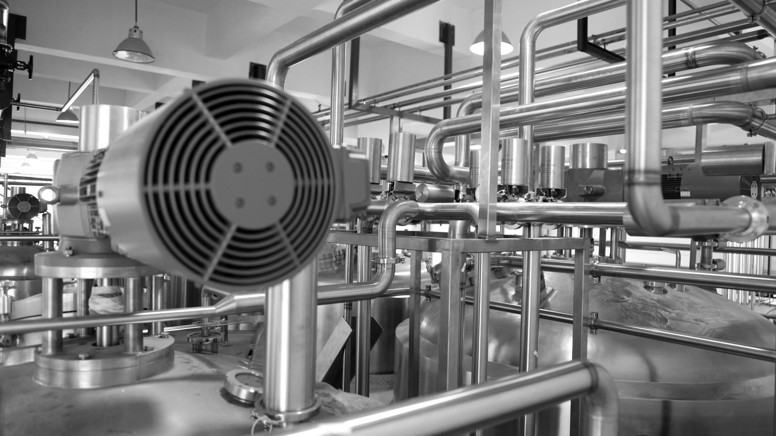 Black-and-white stainless steel pipes, valves, and tanks in a processing plant